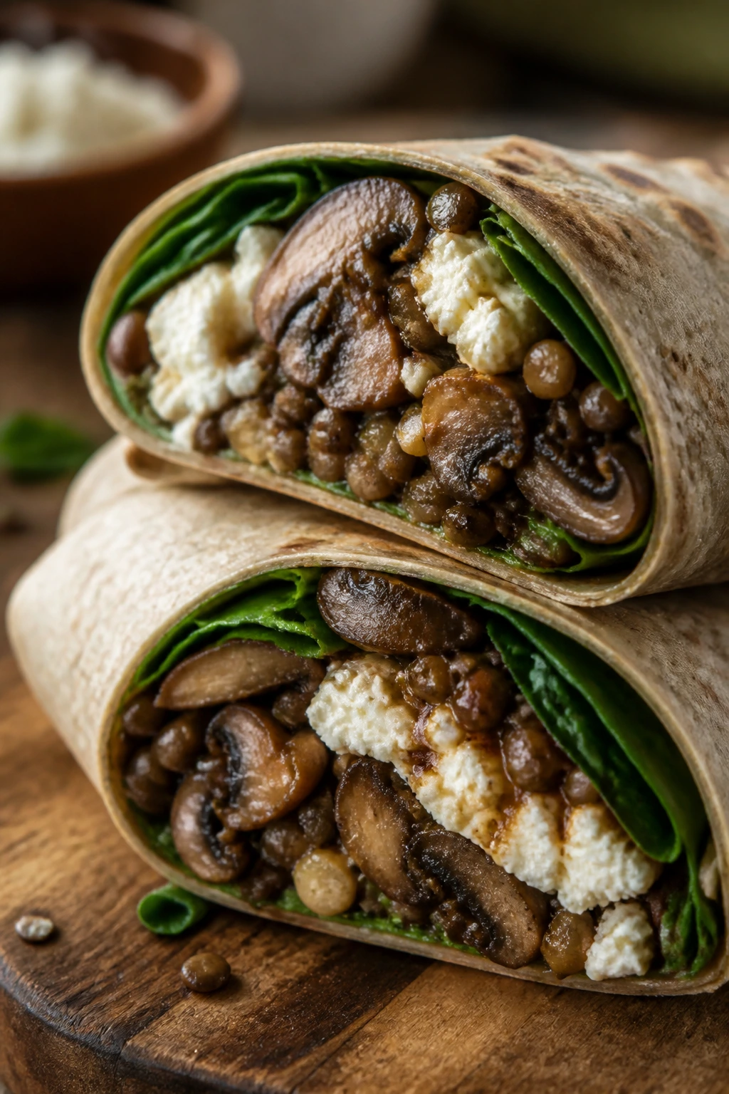 Close-up of mushroom lentil goat cheese wrap half on wooden board