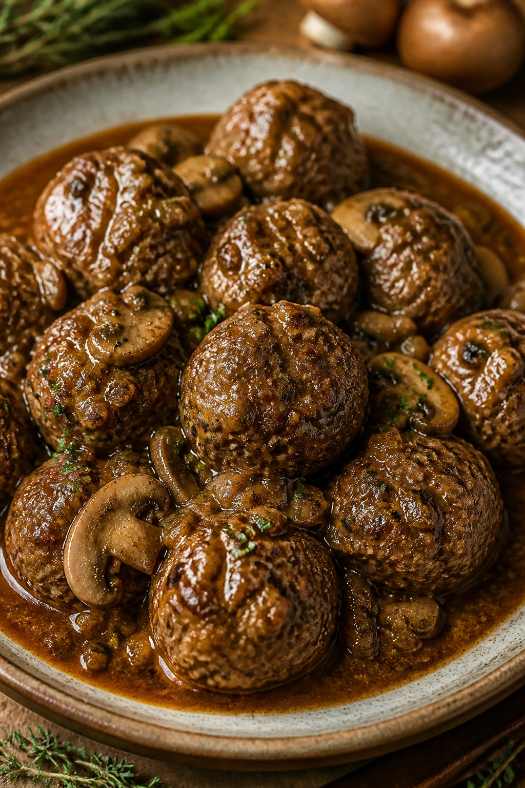 Beef meatballs in mushroom Marsala sauce on a rustic plate