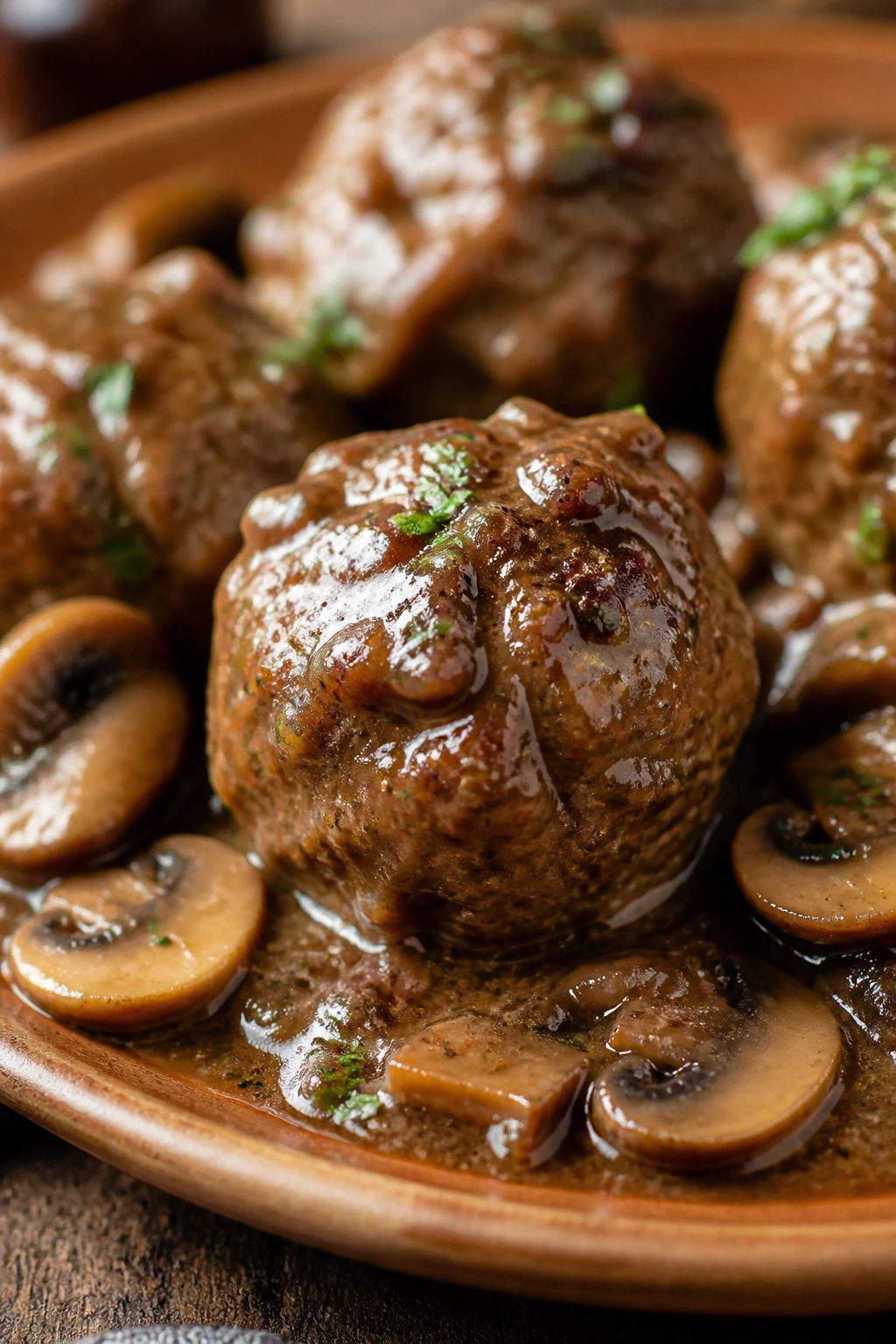 Close-up of mushroom Marsala meatballs in glossy sauce