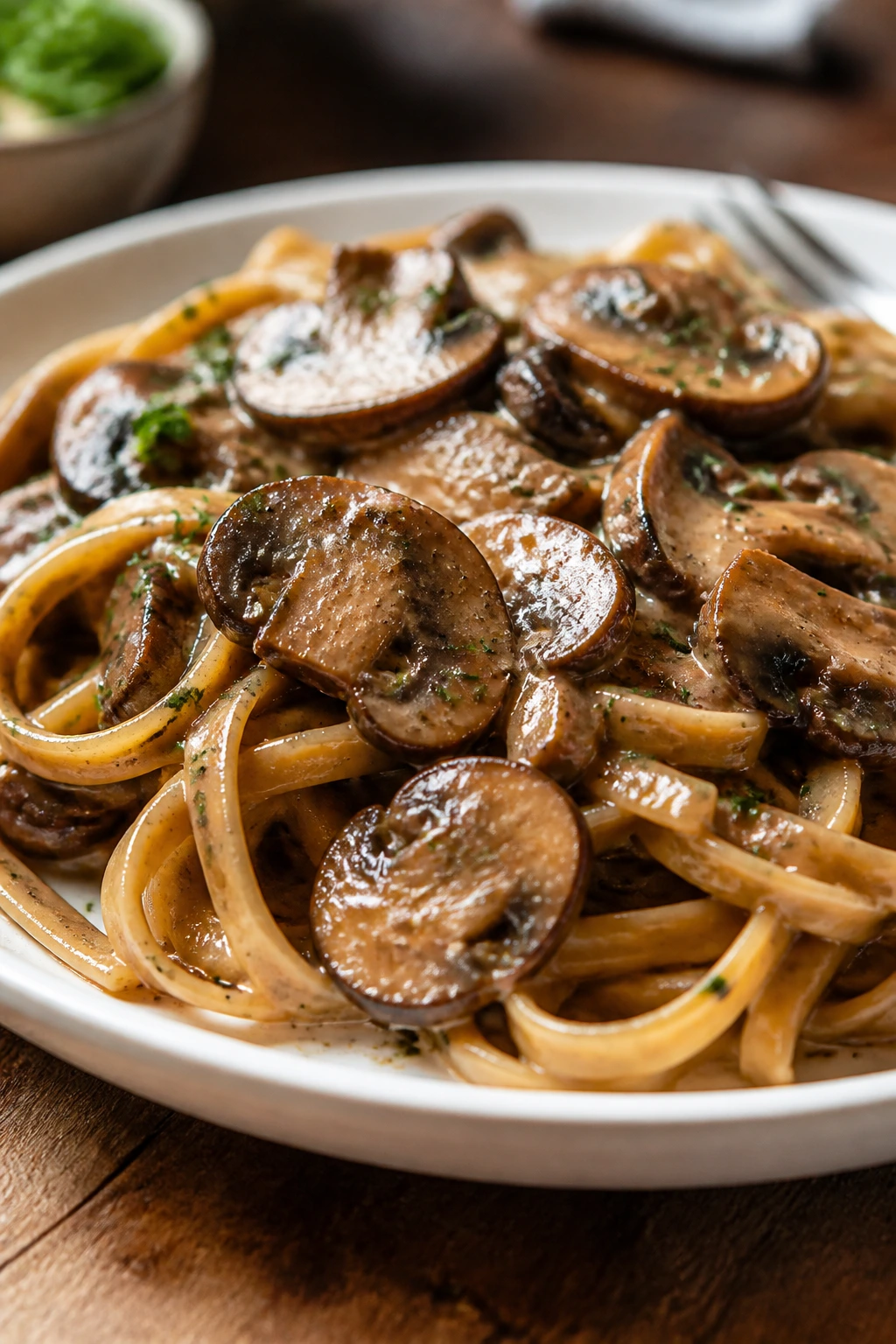 Pasta with mushrooms in Marsala sauce on a plate