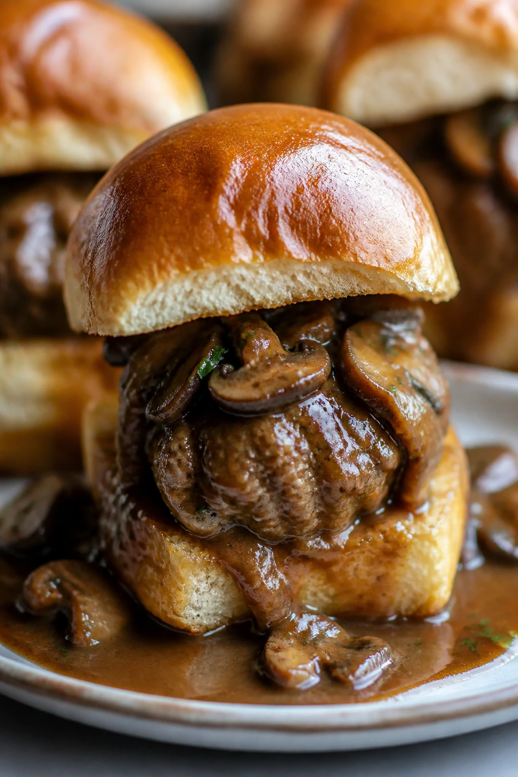 Mushroom Marsala meatball slider with mushroom sauce on a plate