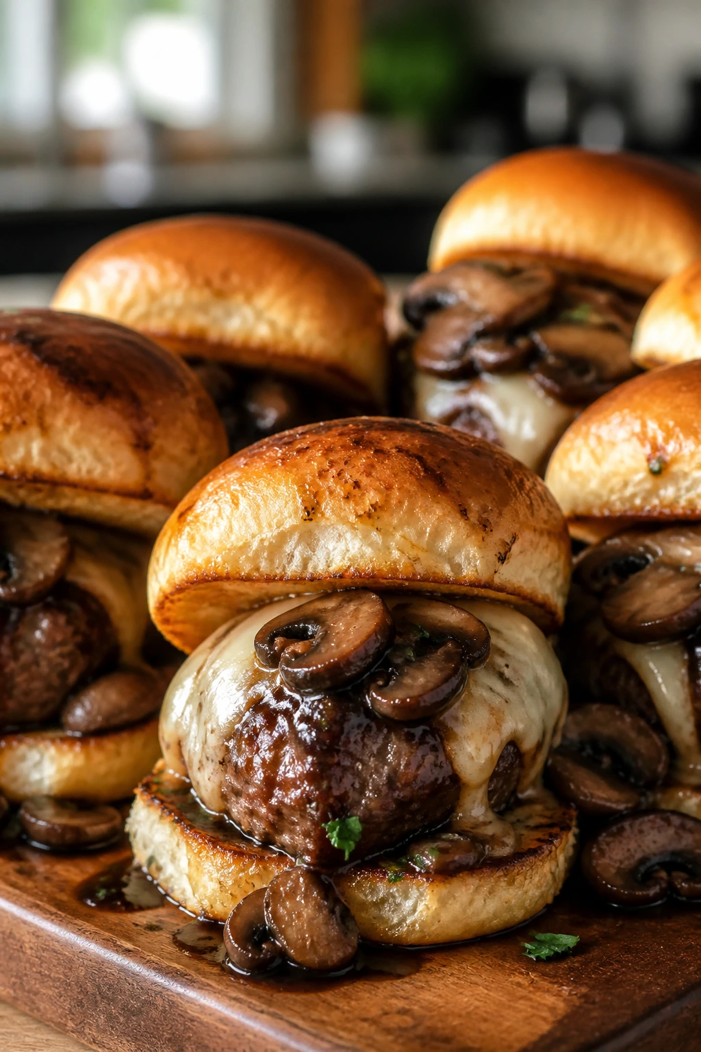 Mushroom Marsala meatball sliders with melted cheese
