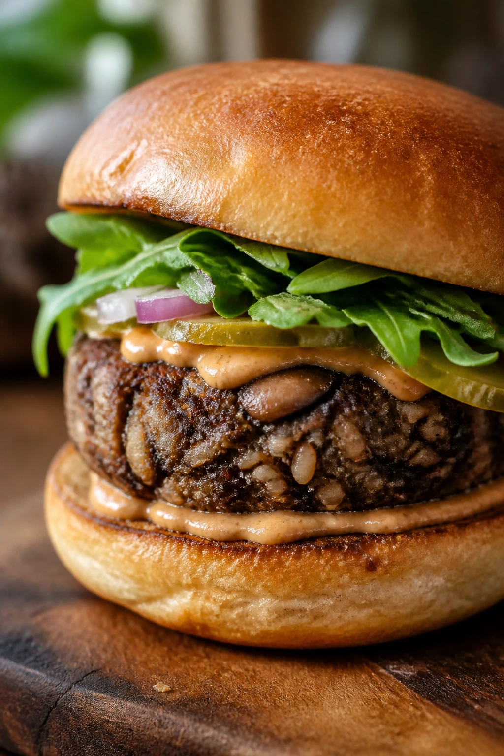 Close-up of mushroom-miso burger with brown rice on a bun