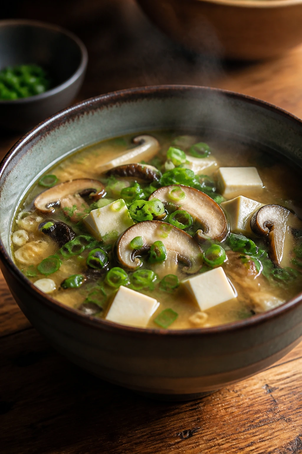 Close-up of steaming mushroom miso soup in a bowl with mushrooms, tofu, and scallions.