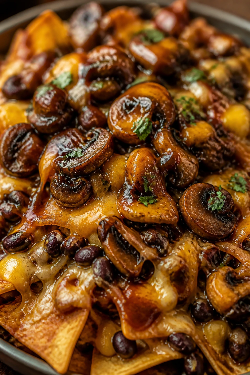 Mushroom nachos with BBQ sauce and vegan cheese