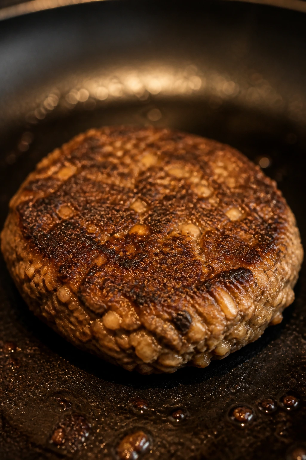 Juicy mushroom-oat burger patty browning on a skillet