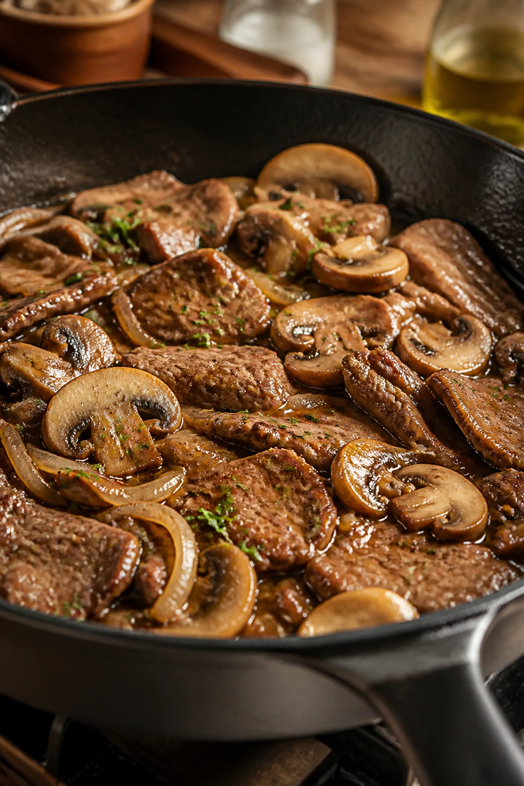 Beef with mushrooms in skillet
