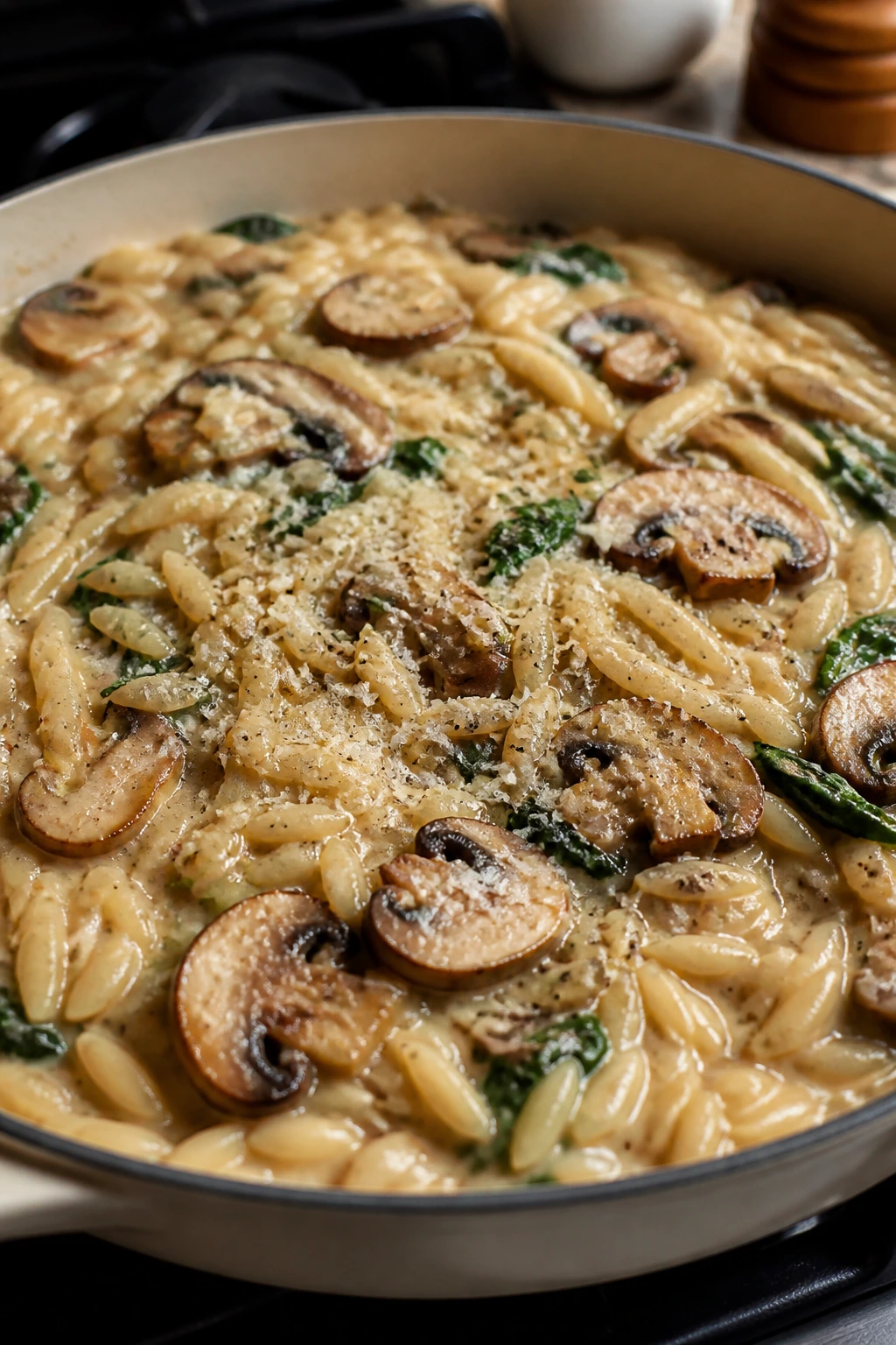 Close-up creamy mushroom orzo with spinach and Parmesan.