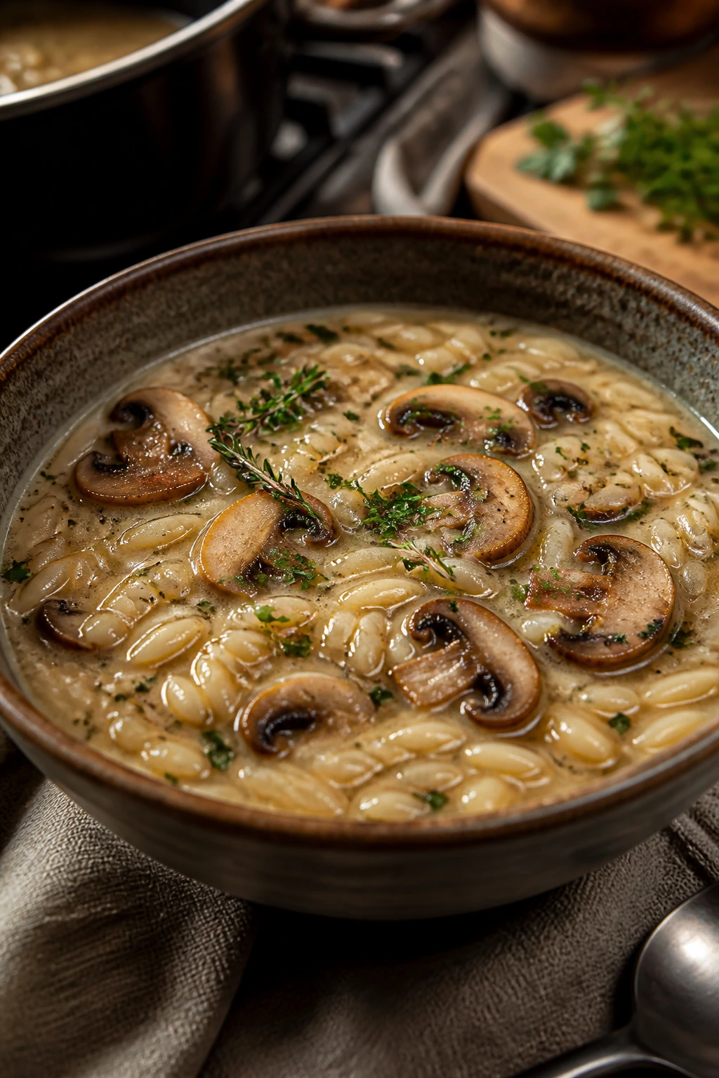 Close-up of mushroom orzo soup with browned mushrooms in a creamy broth