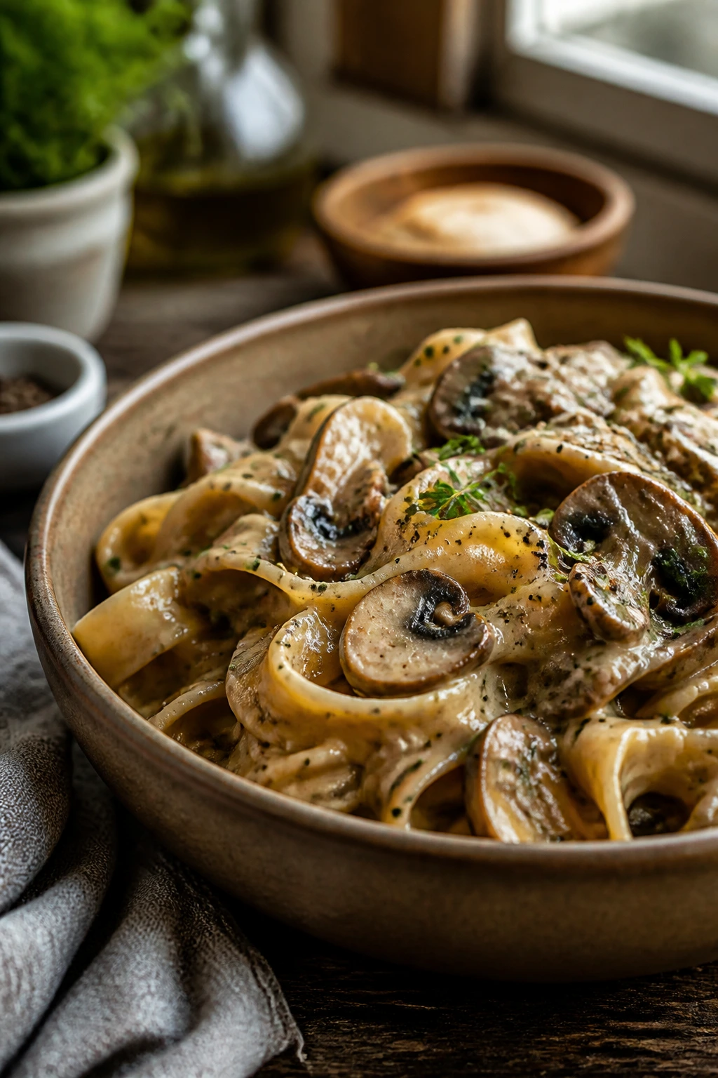 Mushroom pasta variation in a rustic setting