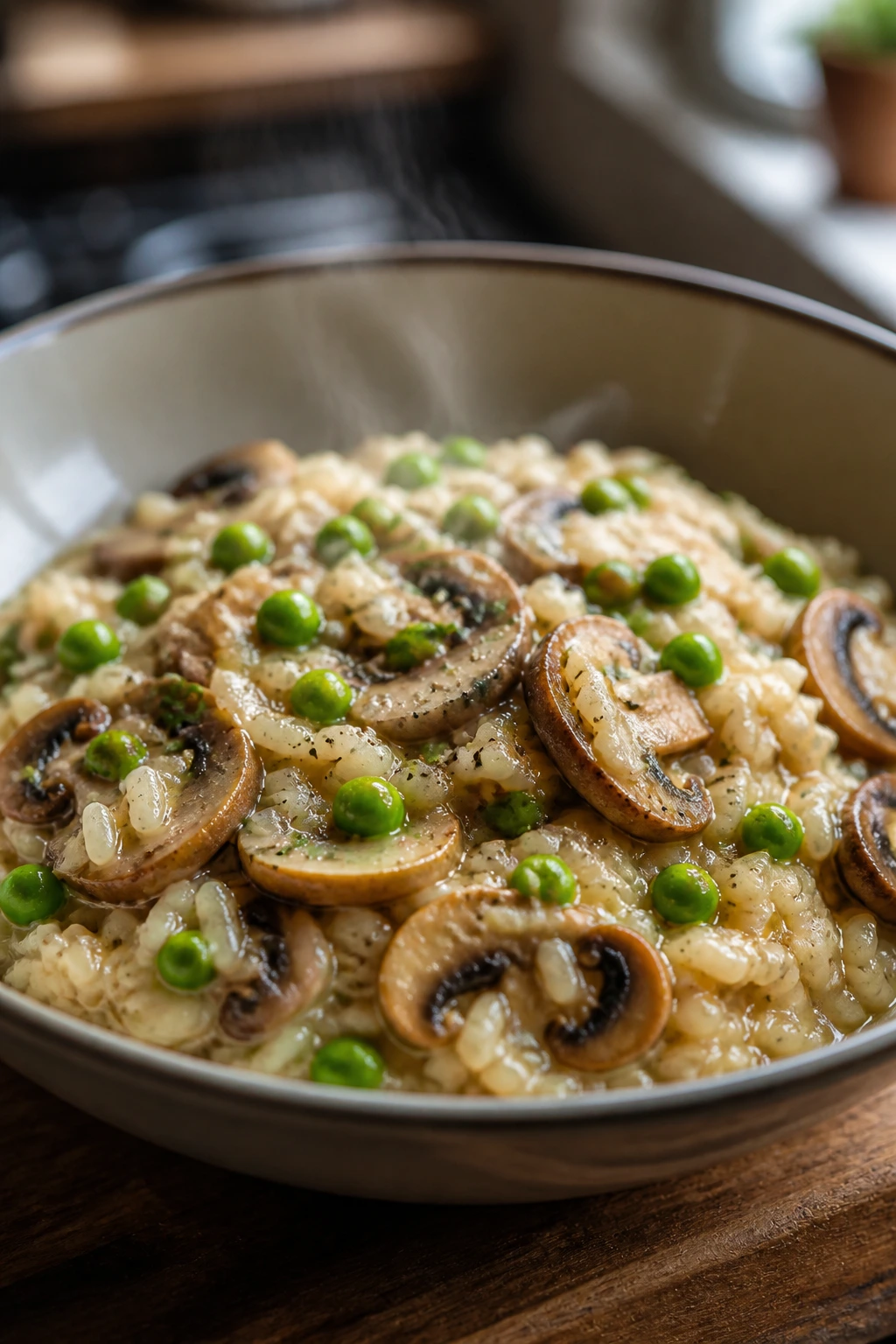 Creamy mushroom pea risotto in a bowl
