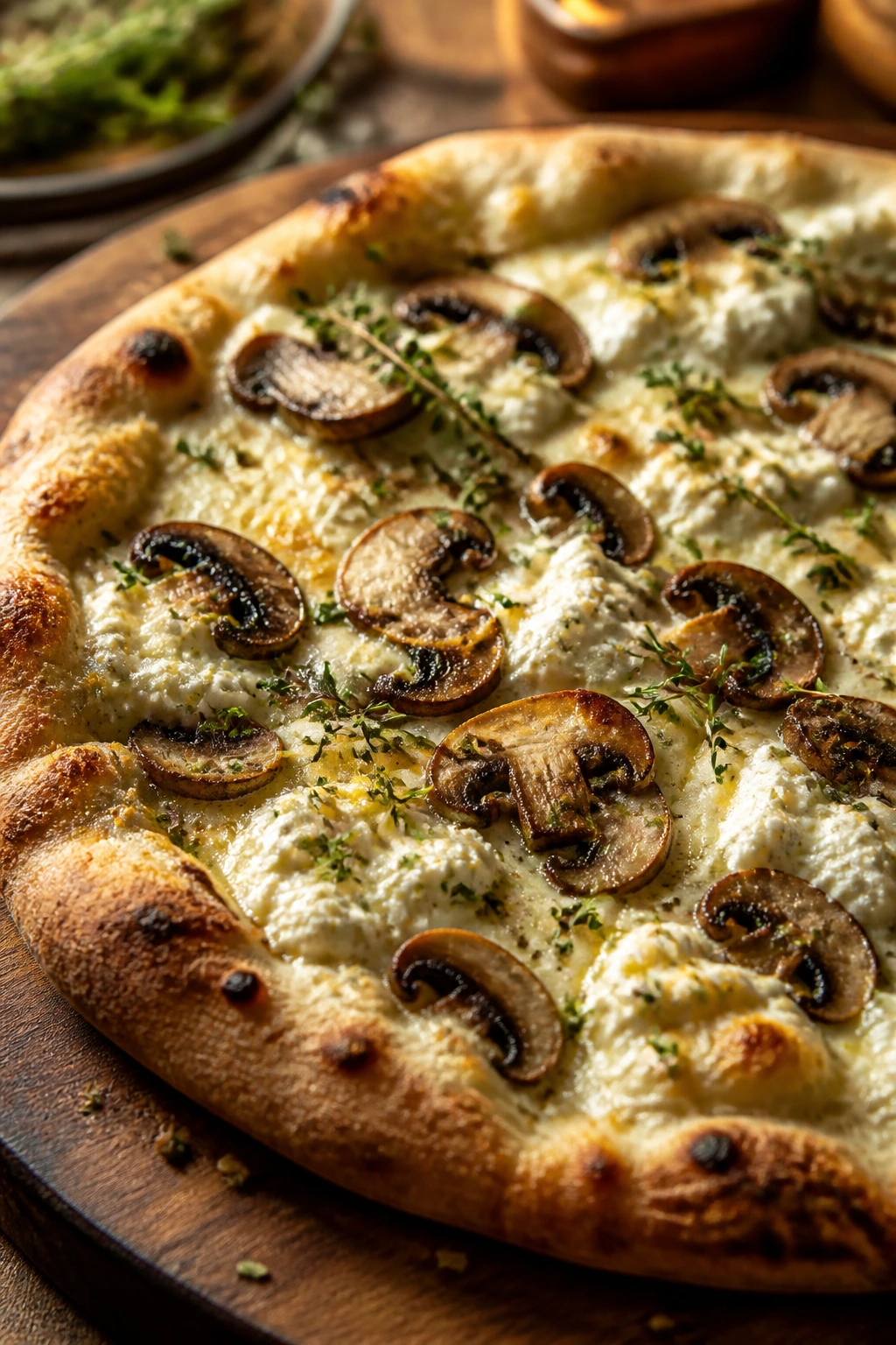White pizza with mushrooms and thyme on a wooden board.