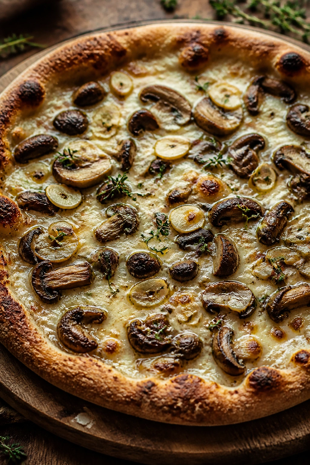 Close-up of mushroom and garlic pizza with truffle oil on rustic board