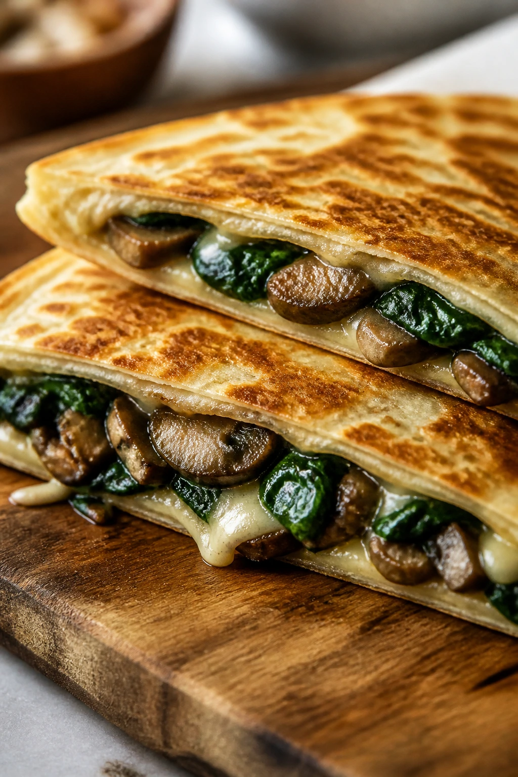Quesadilla sliced open showing mushroom, spinach, and cheese filling