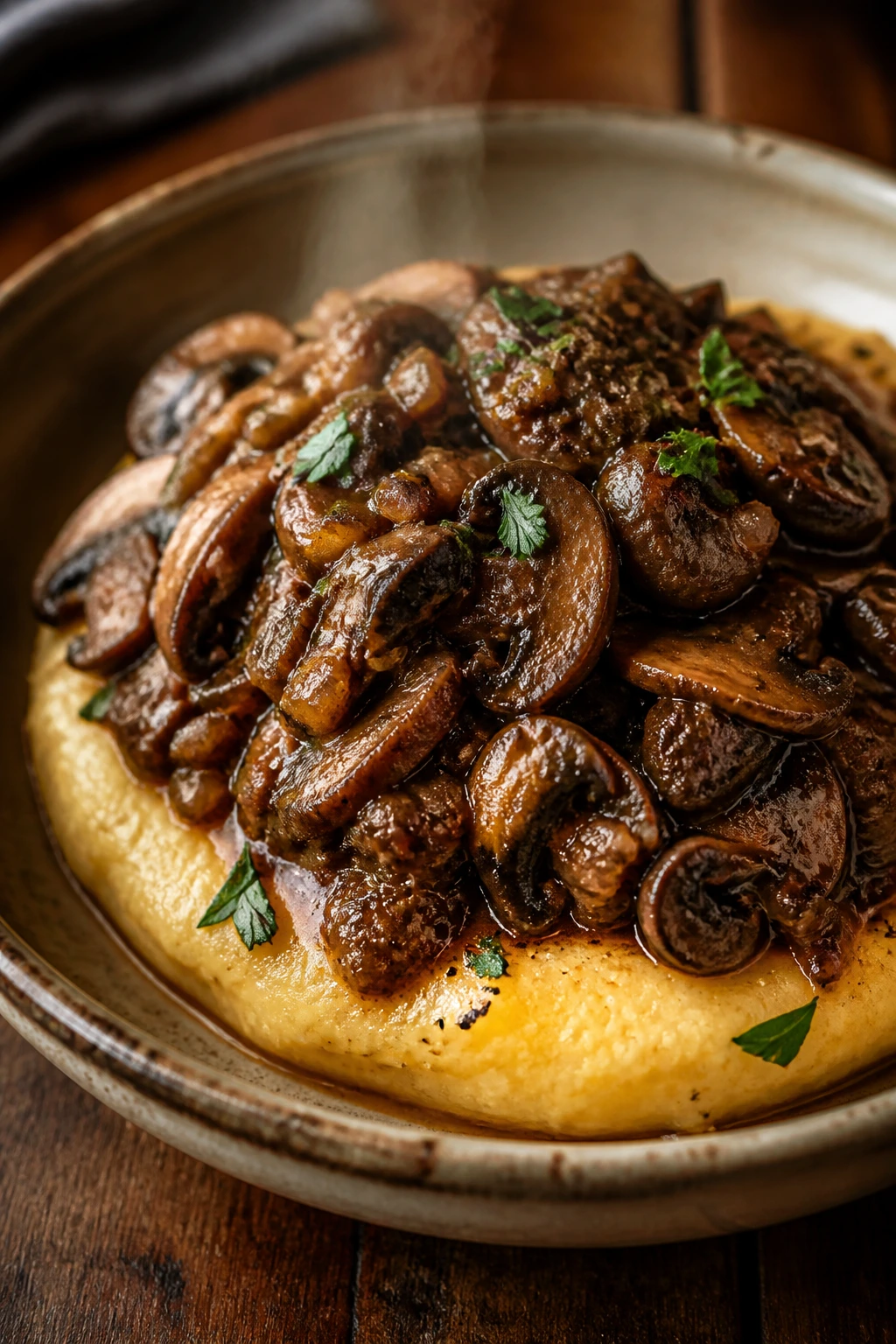 Close-up of mushroom ragù over smoked polenta