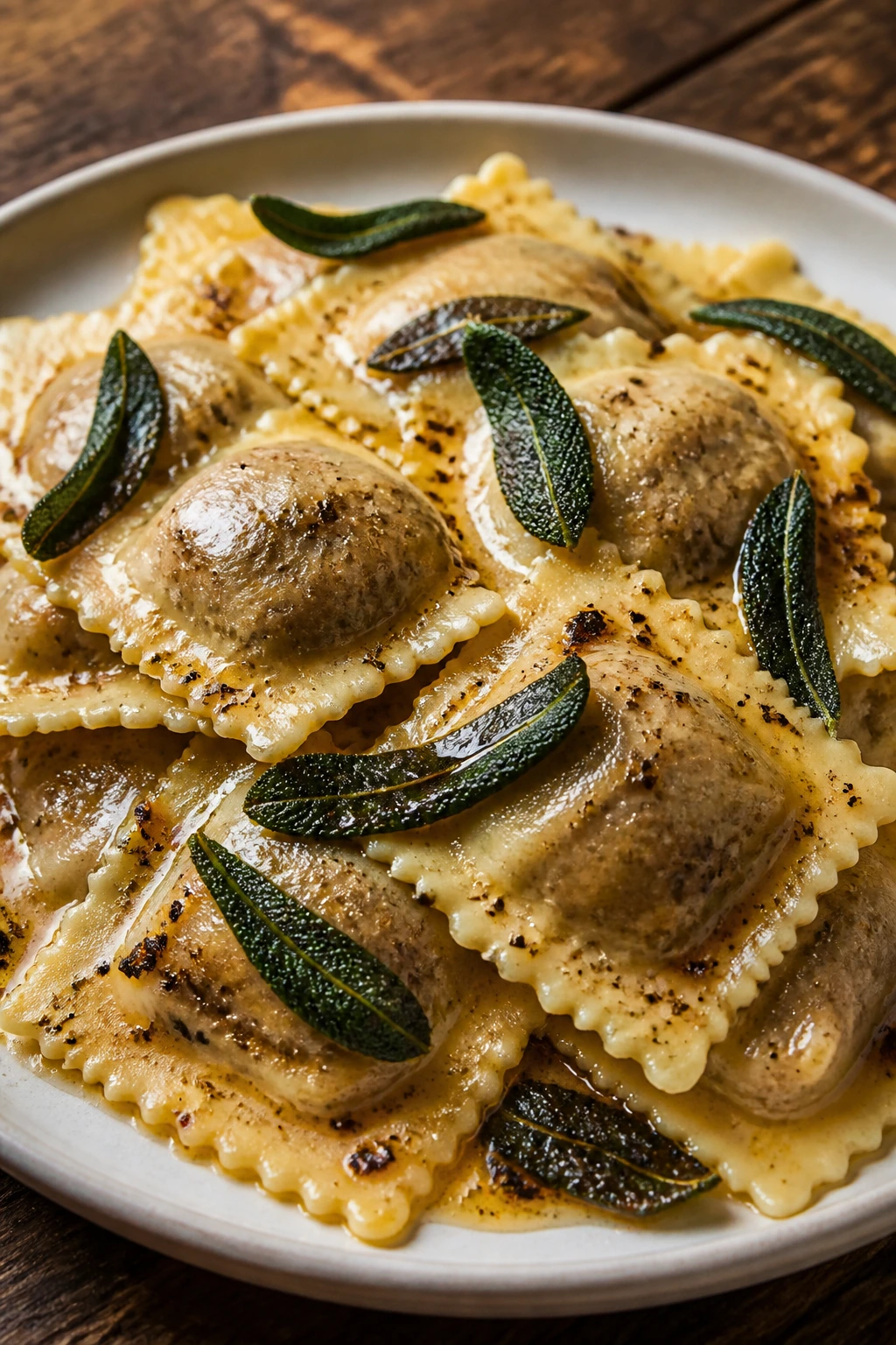 Close-up of mushroom ravioli in sage brown butter on a rustic plate.