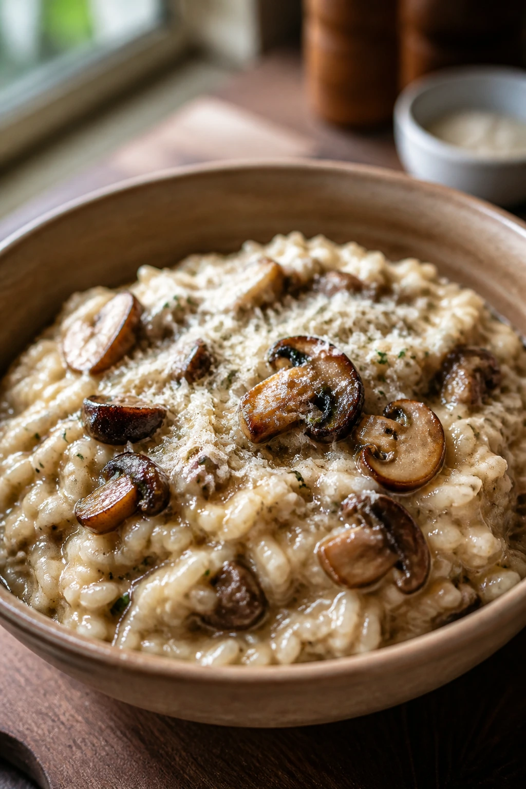 Close-up of creamy mushroom risotto with browned mushrooms and Parmesan in a warm bowl