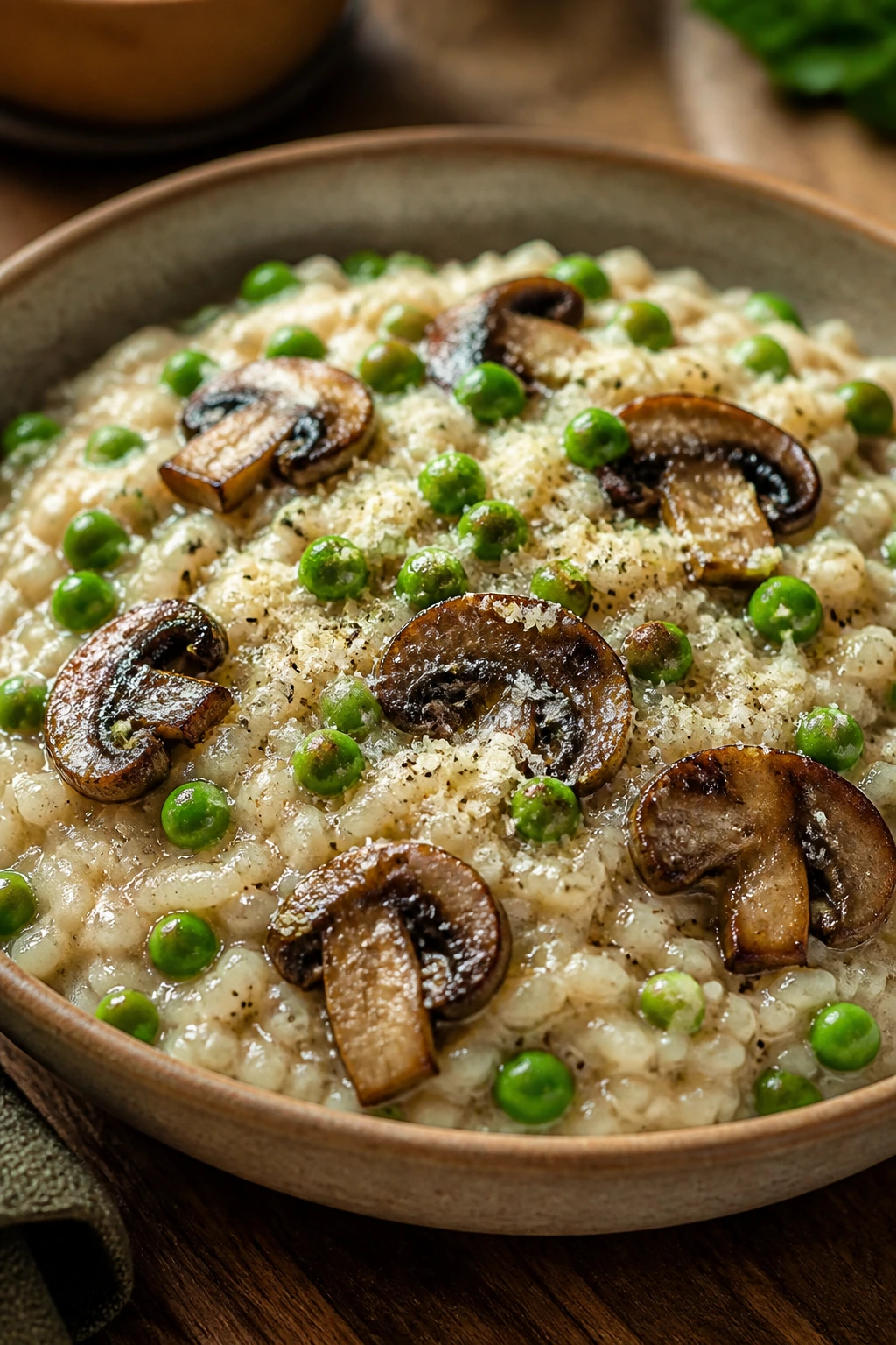 Creamy mushroom and pea risotto with parmesan on top