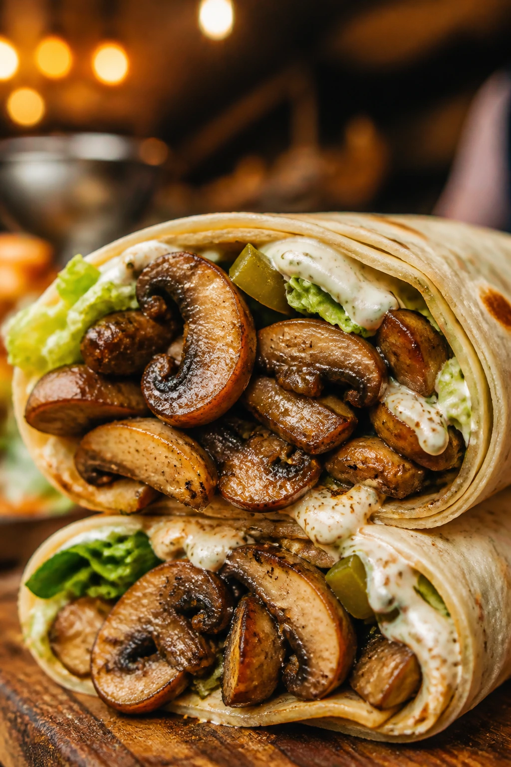 Close-up of Mushroom Shawarma Wrap with garlic sauce and pickles