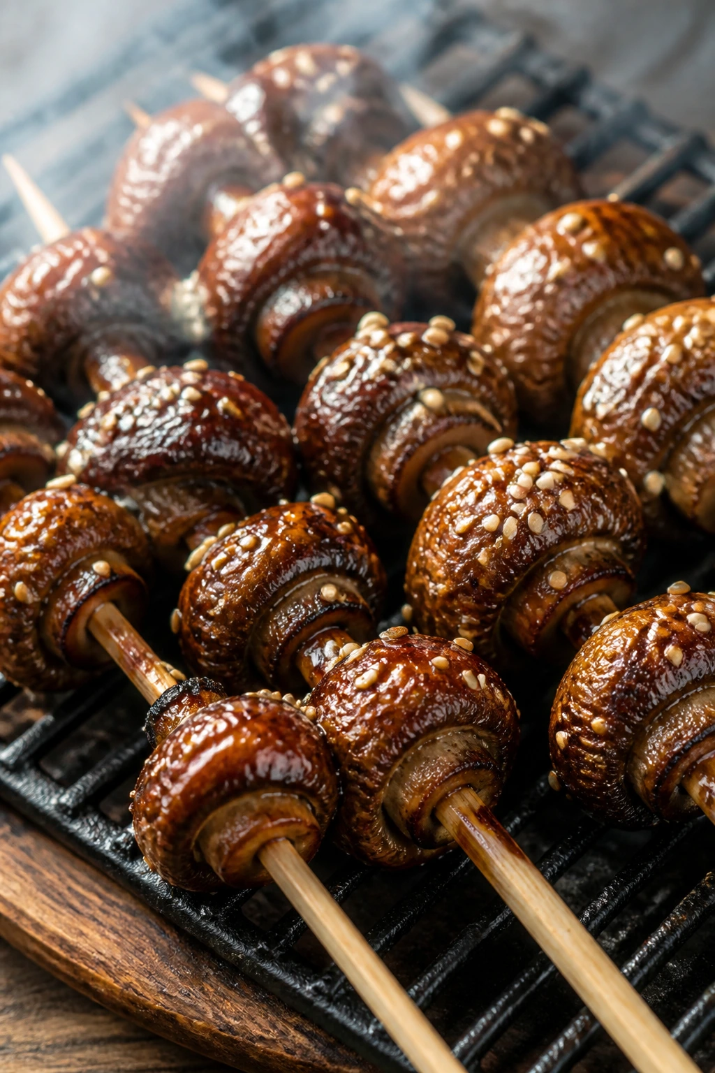 Miso-glazed mushroom skewers with sesame on grill