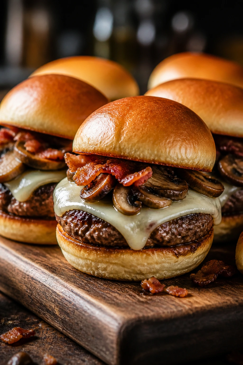 Close-up of Mushroom Bacon Gruyère sliders on a wooden board with melted cheese and mushrooms