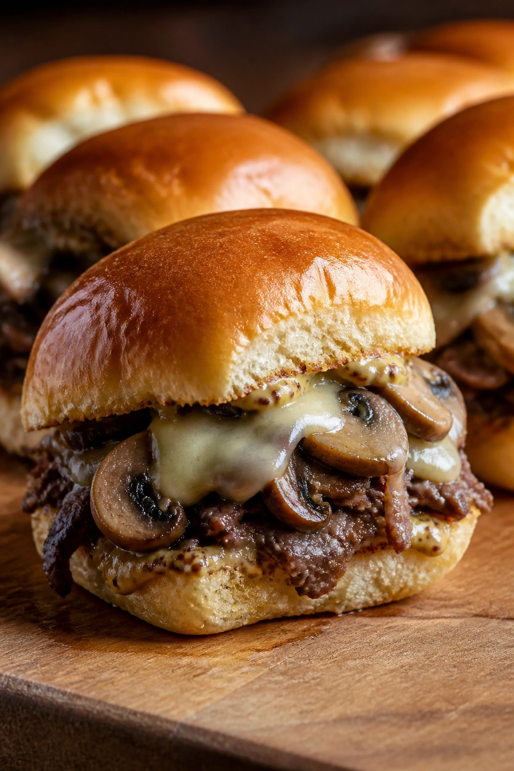 Close-up of Mushroom Swiss Dijon Sliders with mushrooms and melted Swiss cheese