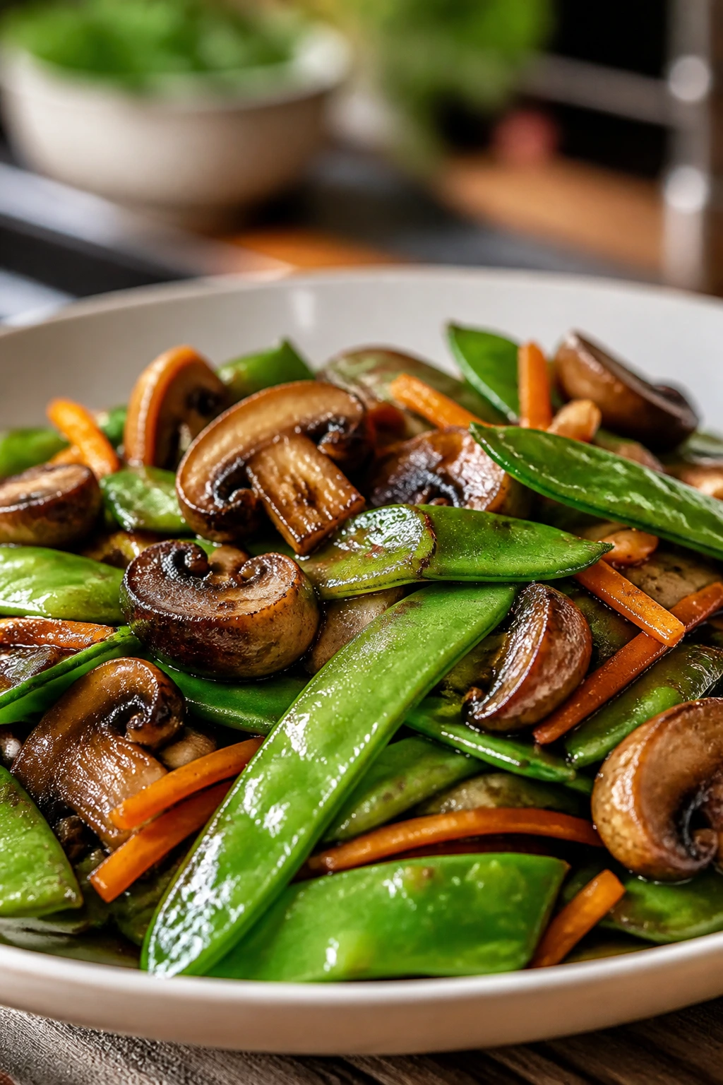 Close-up of Mushroom and Snow Pea Stir-Fry on plate