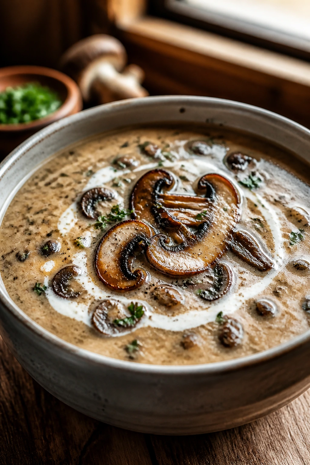 Close-up of creamy wild mushroom soup in a rustic bowl on wood