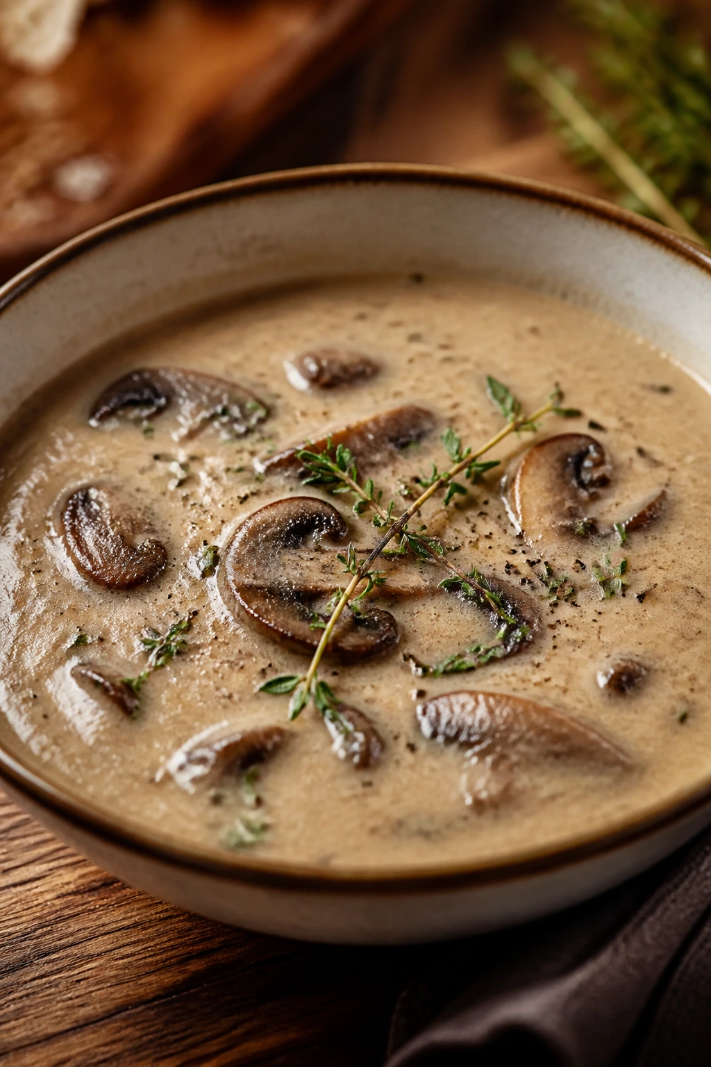 Close-up of creamy mushroom soup with thyme garnish