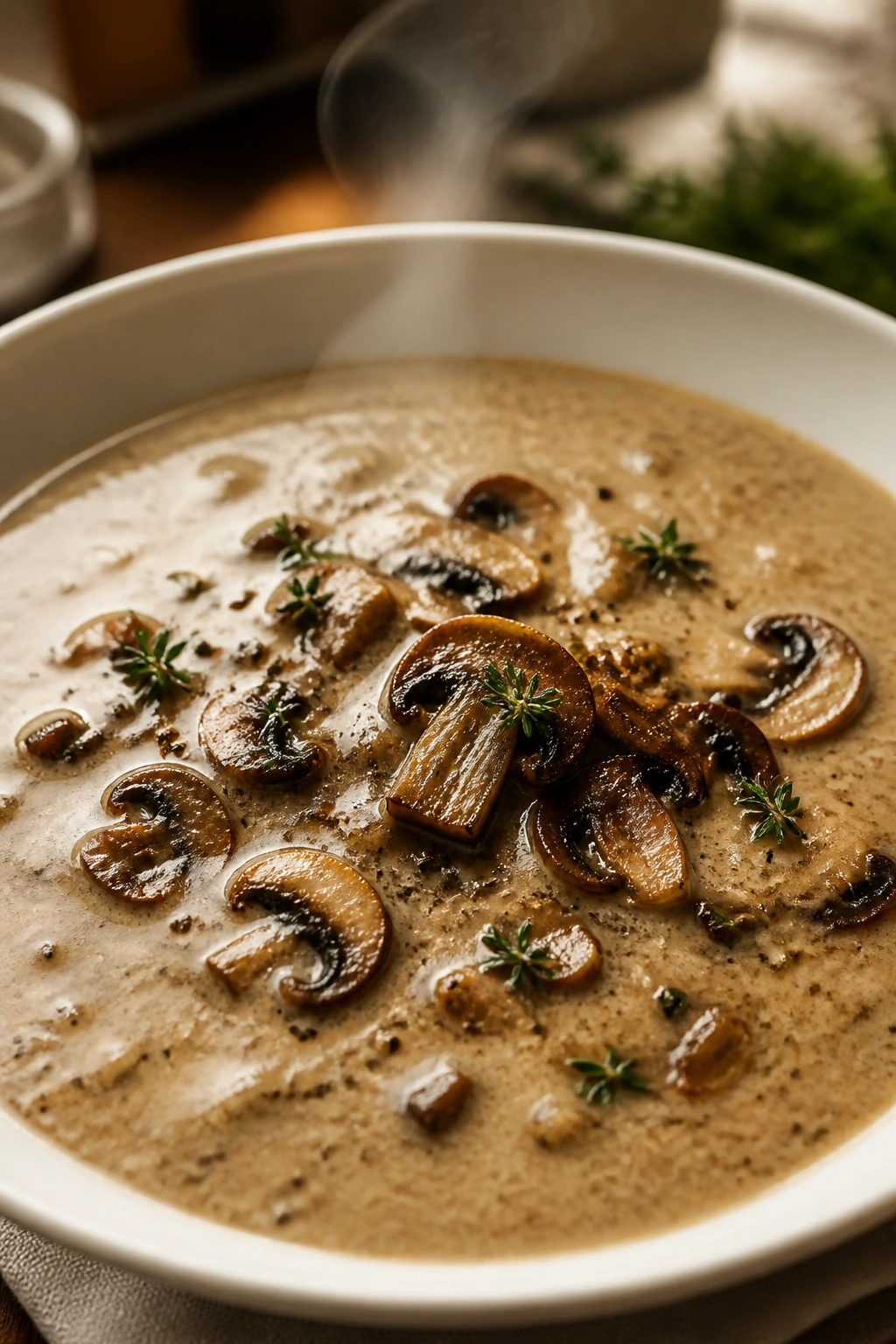 Close-up of creamy mushroom thyme soup in a bowl with mushrooms and thyme