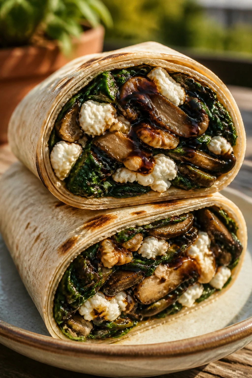 Cross-section of Mushroom Spinach Goat Cheese Wrap on a patio plate