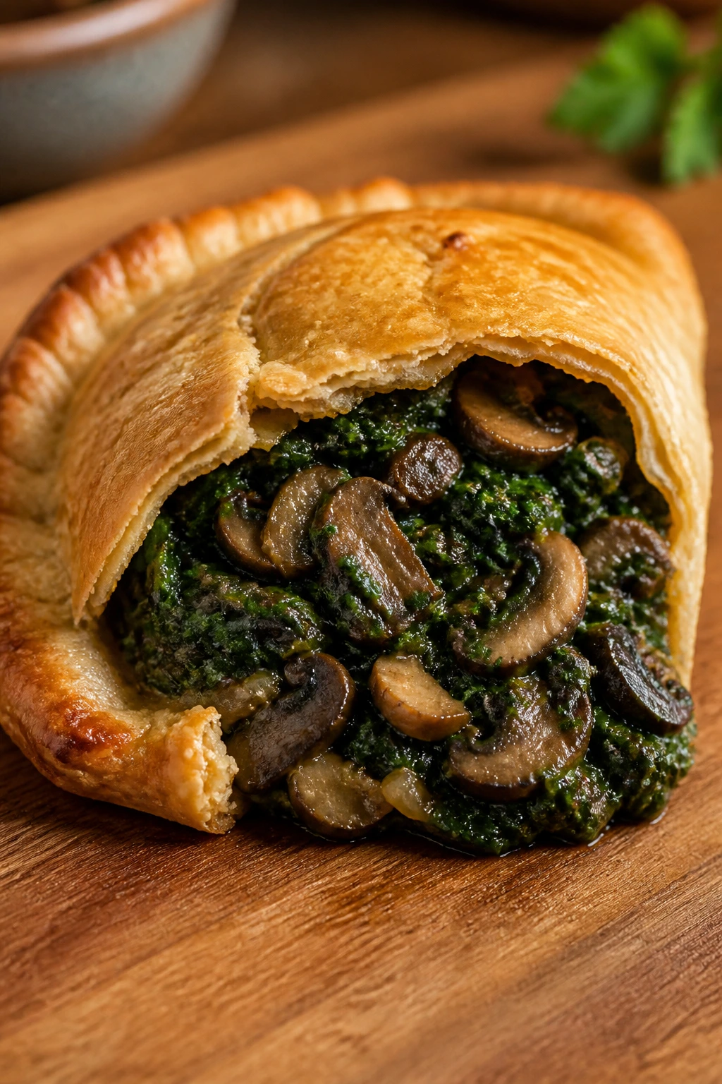Hand pie with mushroom spinach filling on wooden surface