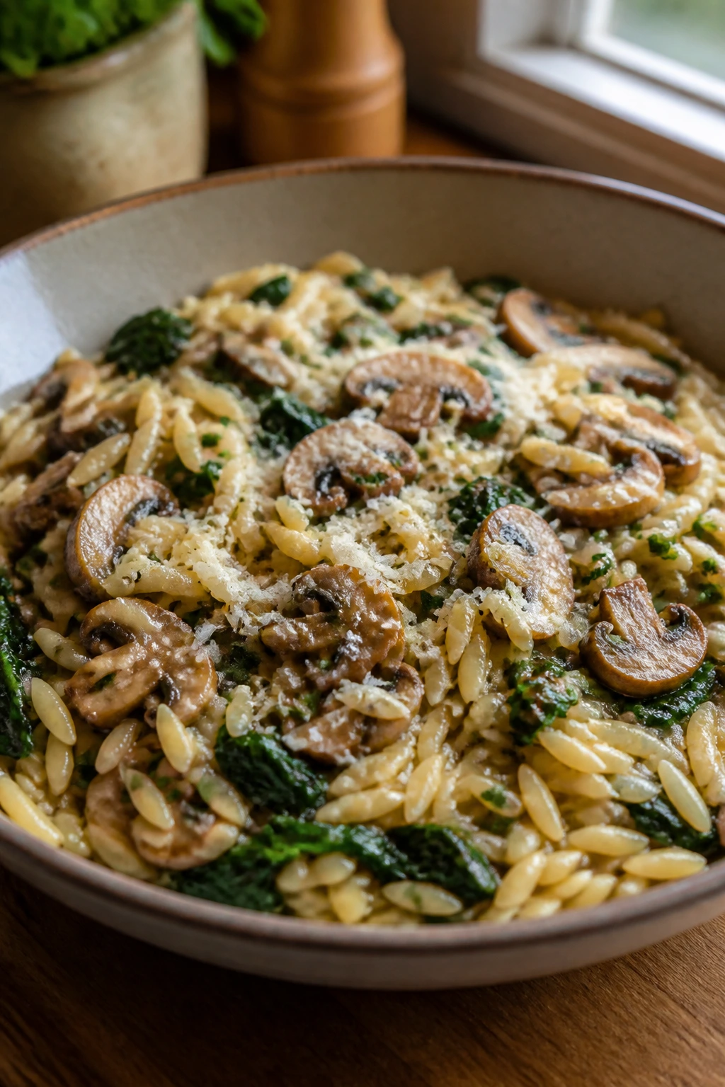 Orzo with mushrooms and spinach in a serving bowl
