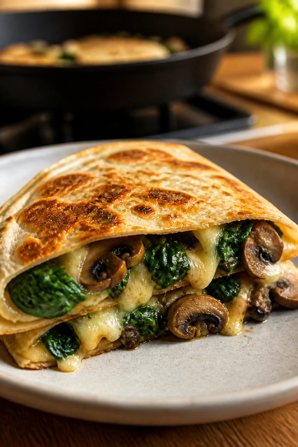Close-up mushroom spinach quesadilla wedge with melted cheese
