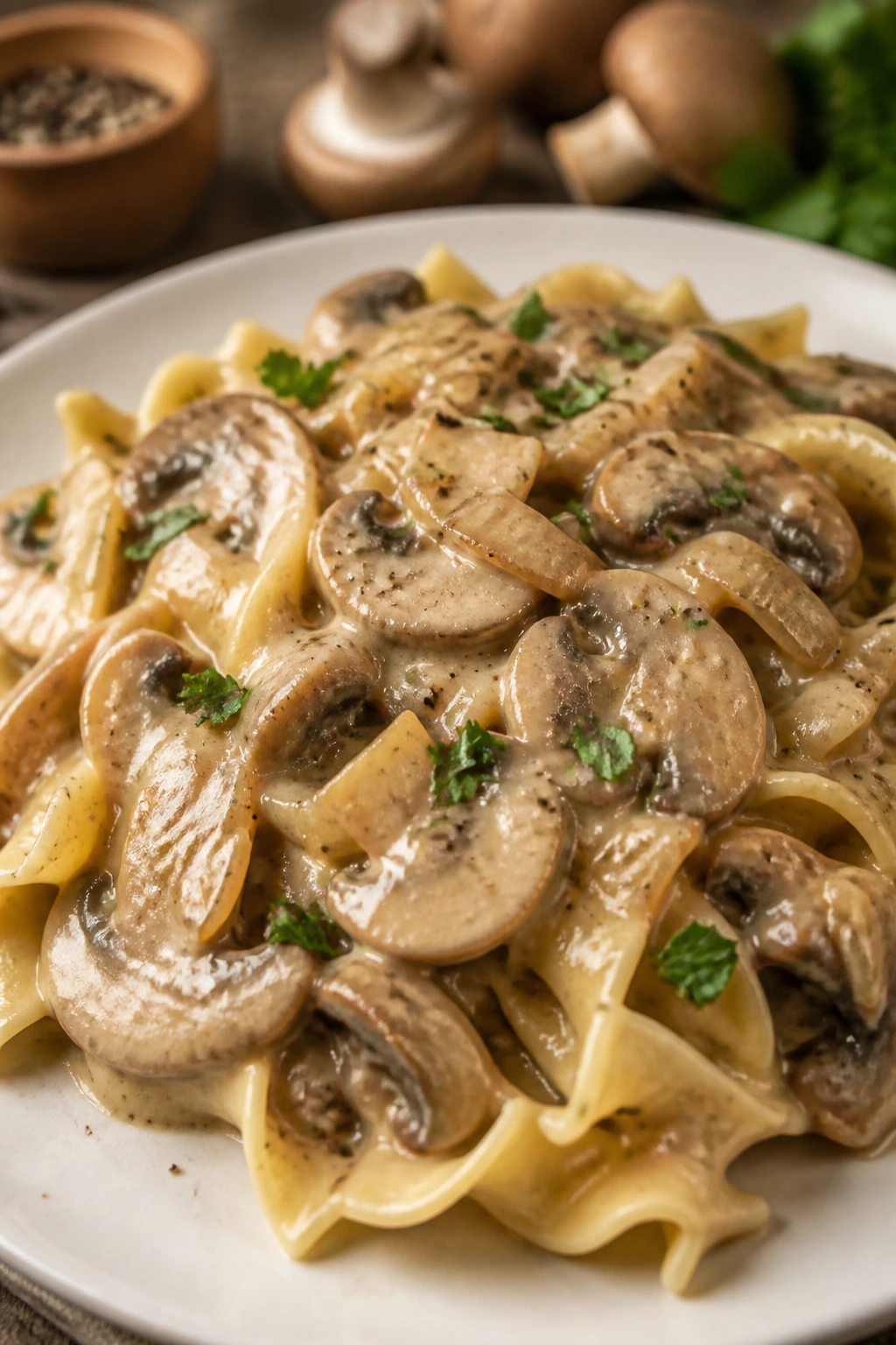 Close-up of mushroom stroganoff with noodles in a creamy sauce