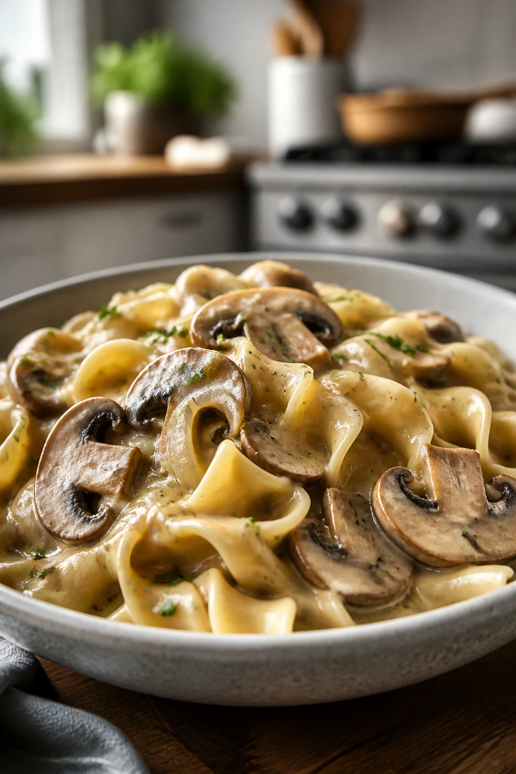 Close-up of mushroom stroganoff with egg noodles in a cream sauce.