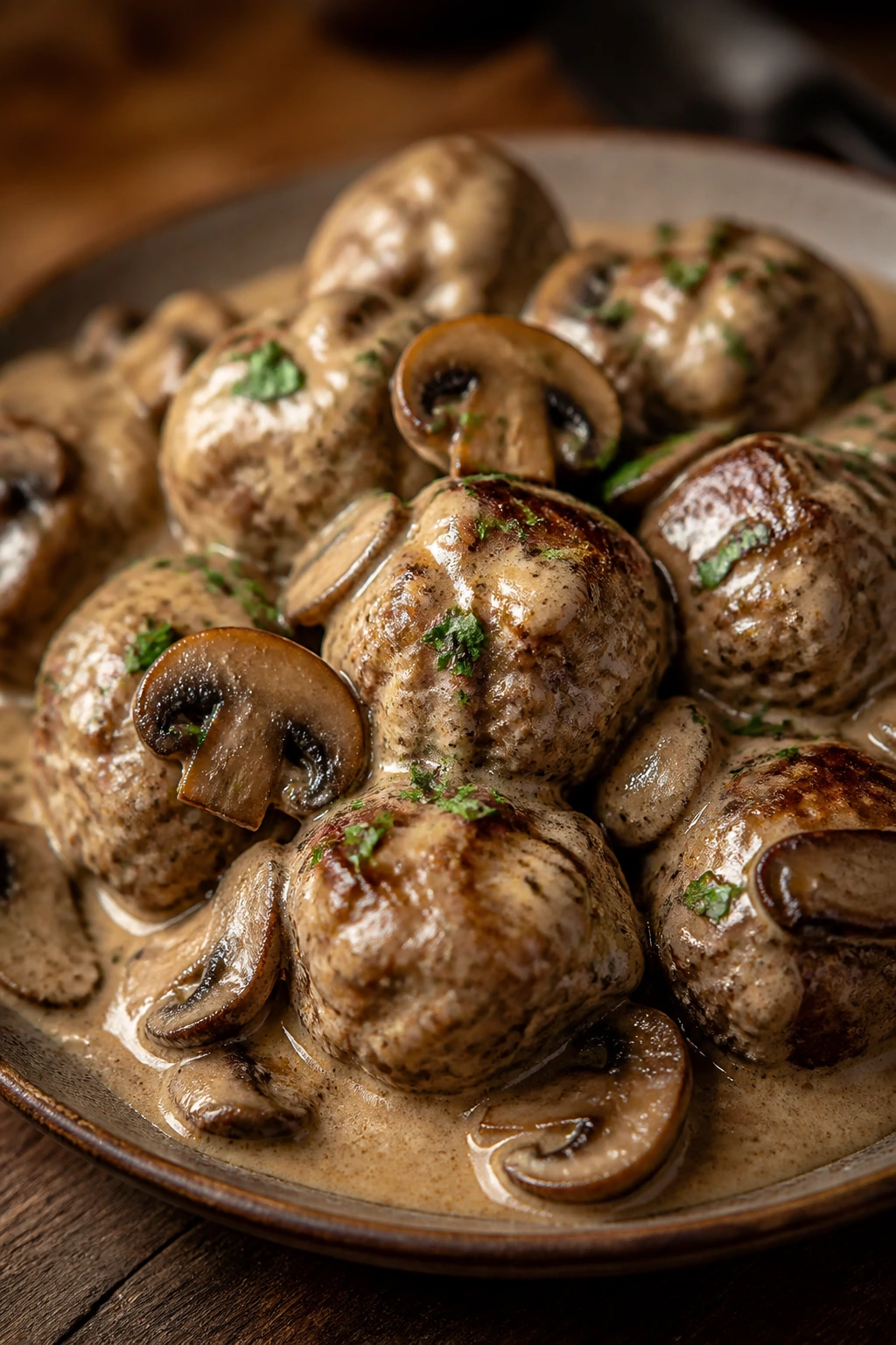 Beef meatballs in creamy mushroom sauce with mushrooms on a plate