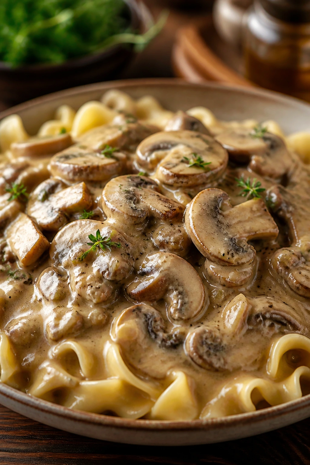 Creamy mushroom stroganoff with mushrooms over noodles