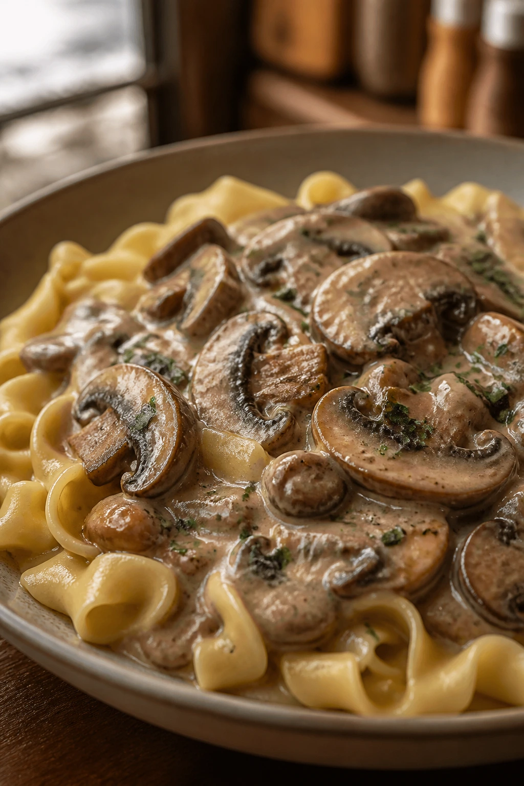 Creamy mushroom stroganoff over egg noodles in a bowl