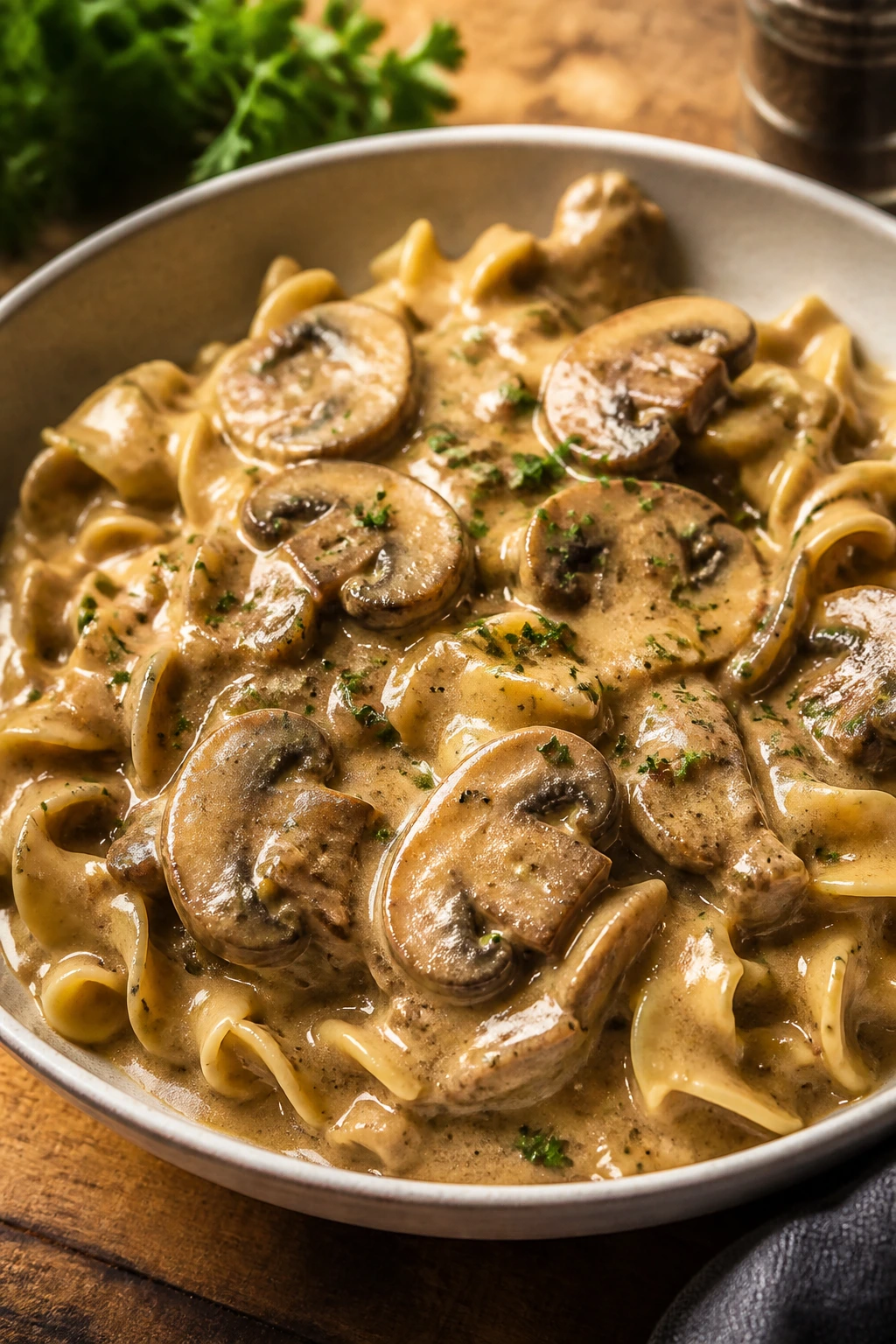 Creamy mushroom stroganoff with egg noodles in a bowl