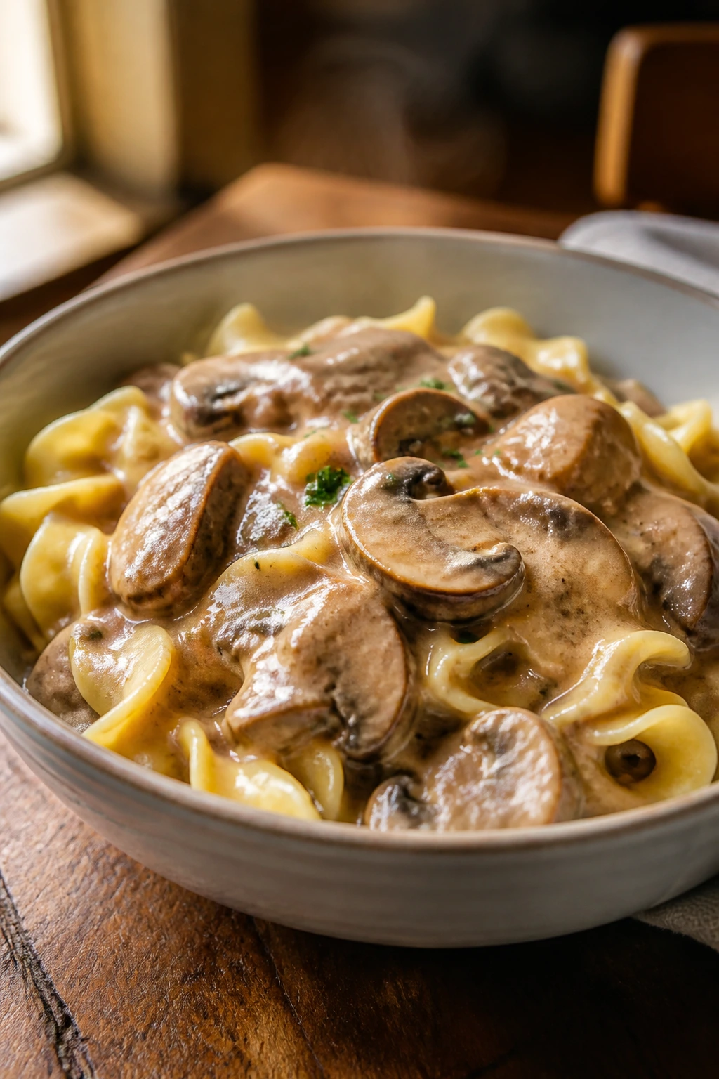 Creamy mushroom stroganoff with egg noodles in rustic bowl on wooden table