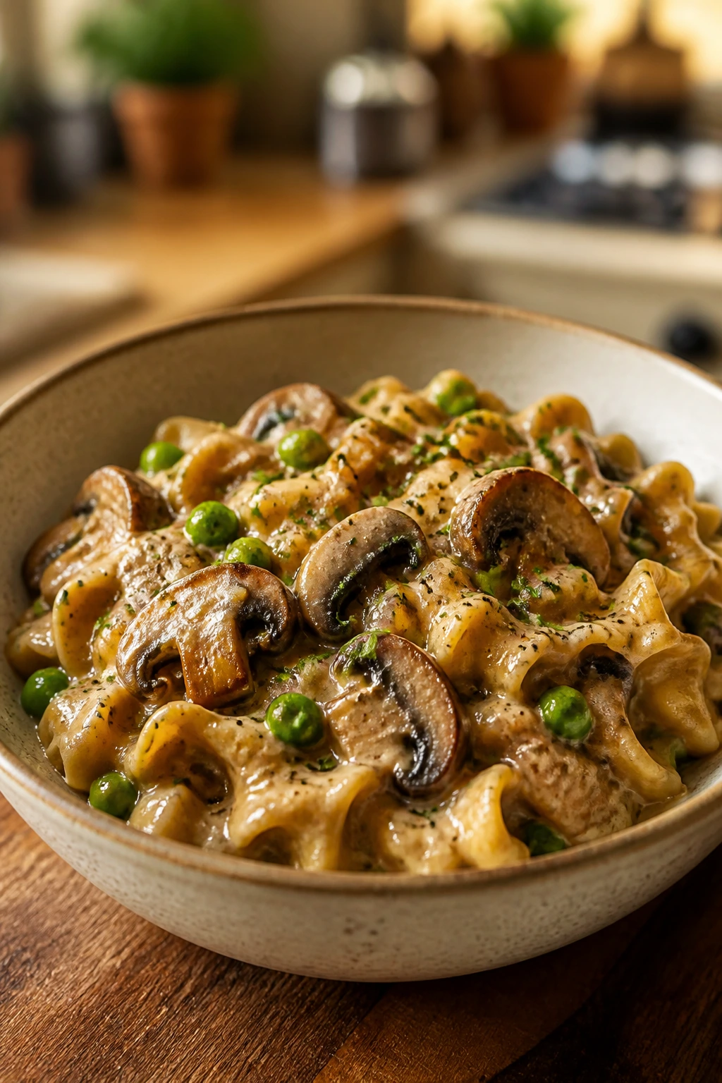 Close-up Mushroom Stroganoff Bowl with noodles and mushrooms
