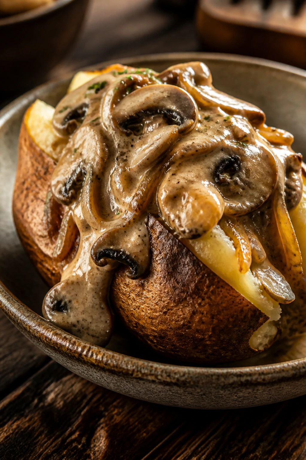 Close-up of potato with creamy mushroom stroganoff topping