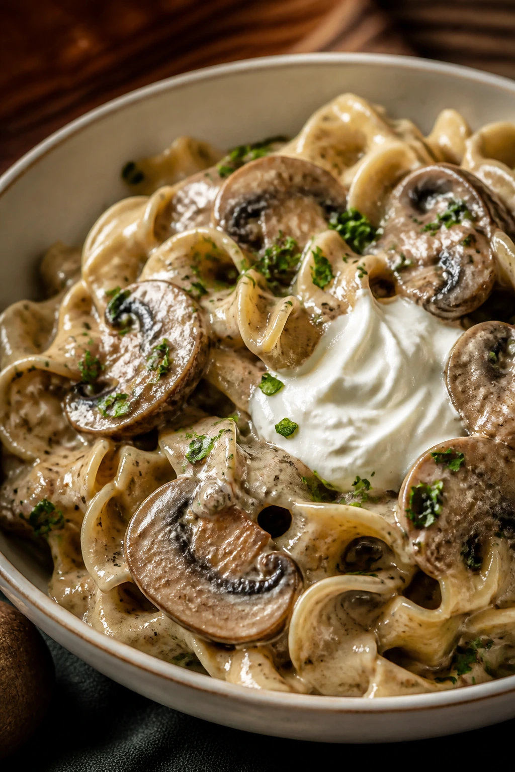 Bowl of mushroom stroganoff with noodles and creamy sauce