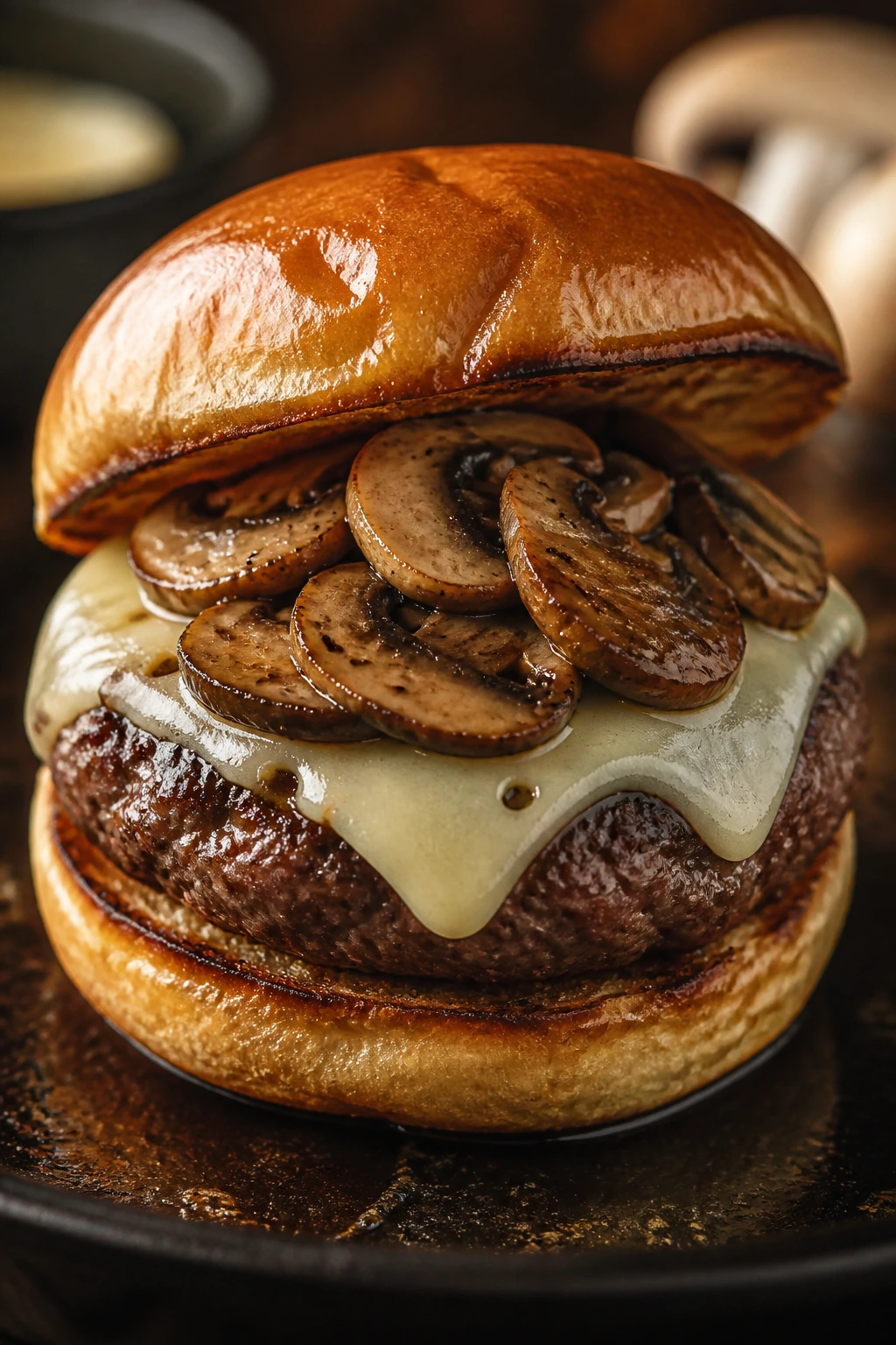 Beef patty topped with mushrooms and Swiss cheese on brioche bun.