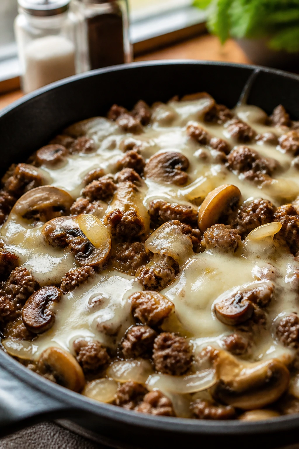 Close-up of mushroom Swiss burger skillet with beef mushrooms onions and cheese
