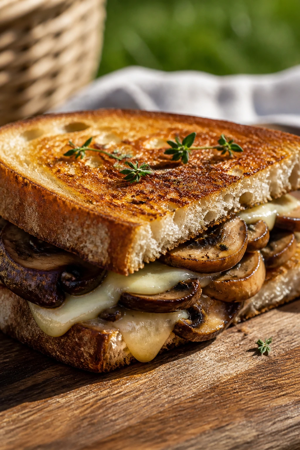 Close-up of a mushroom and Swiss melt on sourdough at a picnic