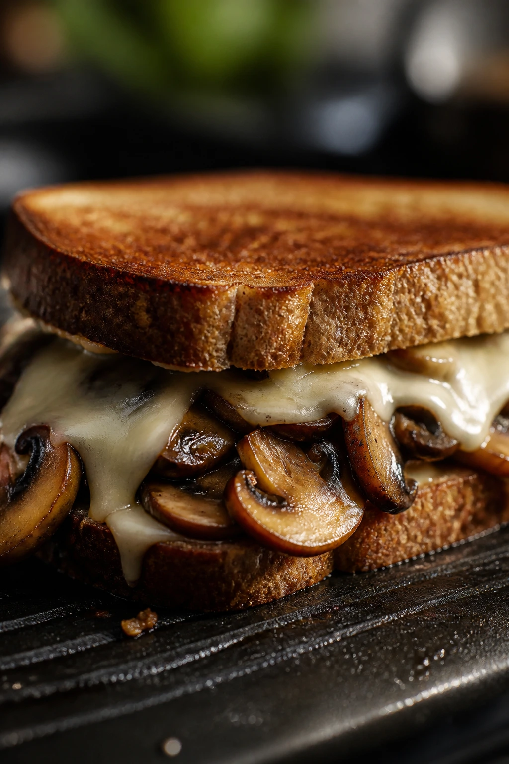 Close-up of Mushroom Swiss Melt on rye bread with mushrooms and Swiss