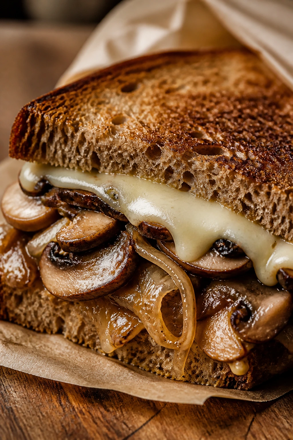 Mushroom Swiss onion melt on rye bread close-up outdoors