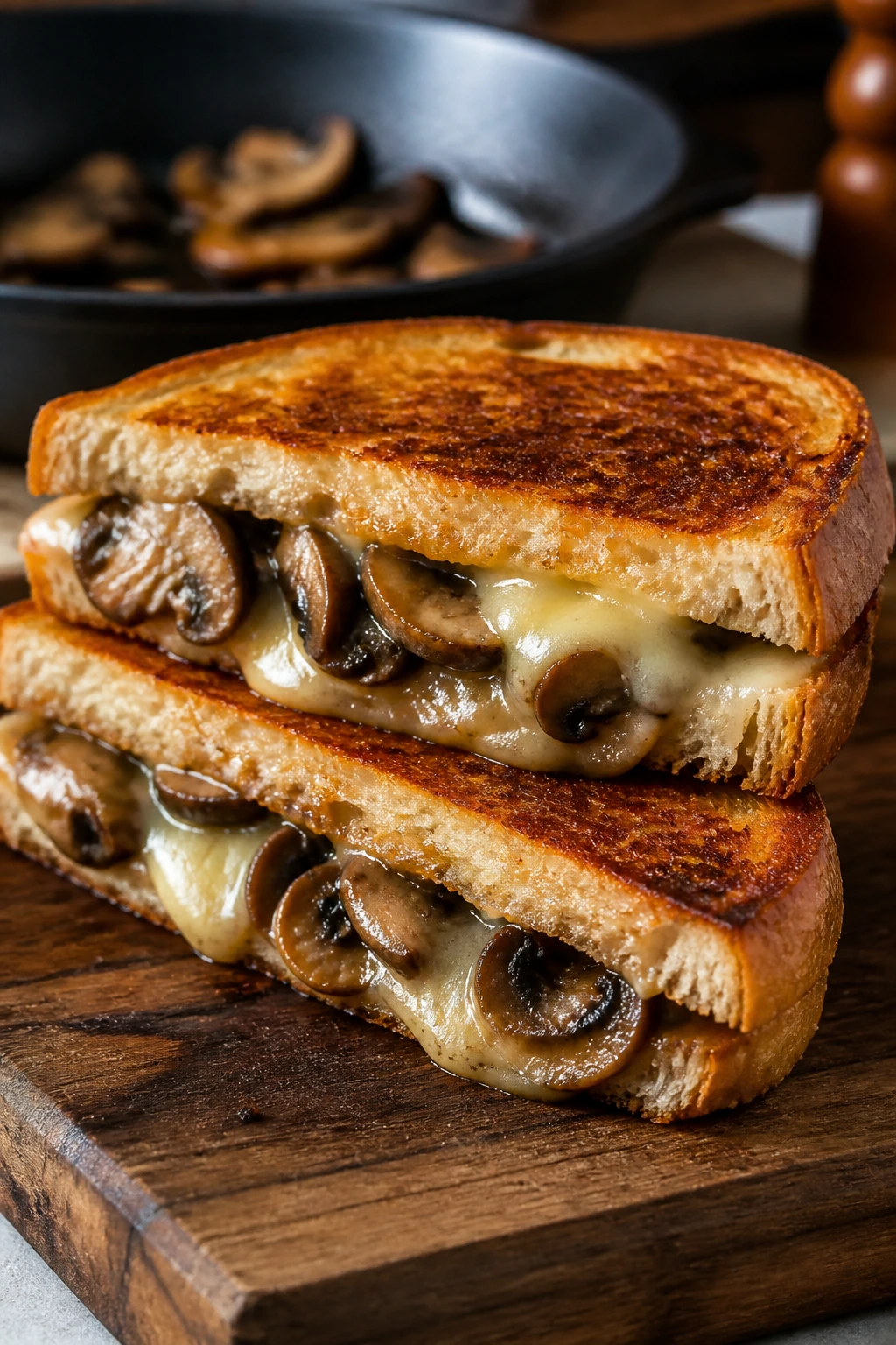 Close-up of mushroom and Swiss grilled cheese sandwich cut in half